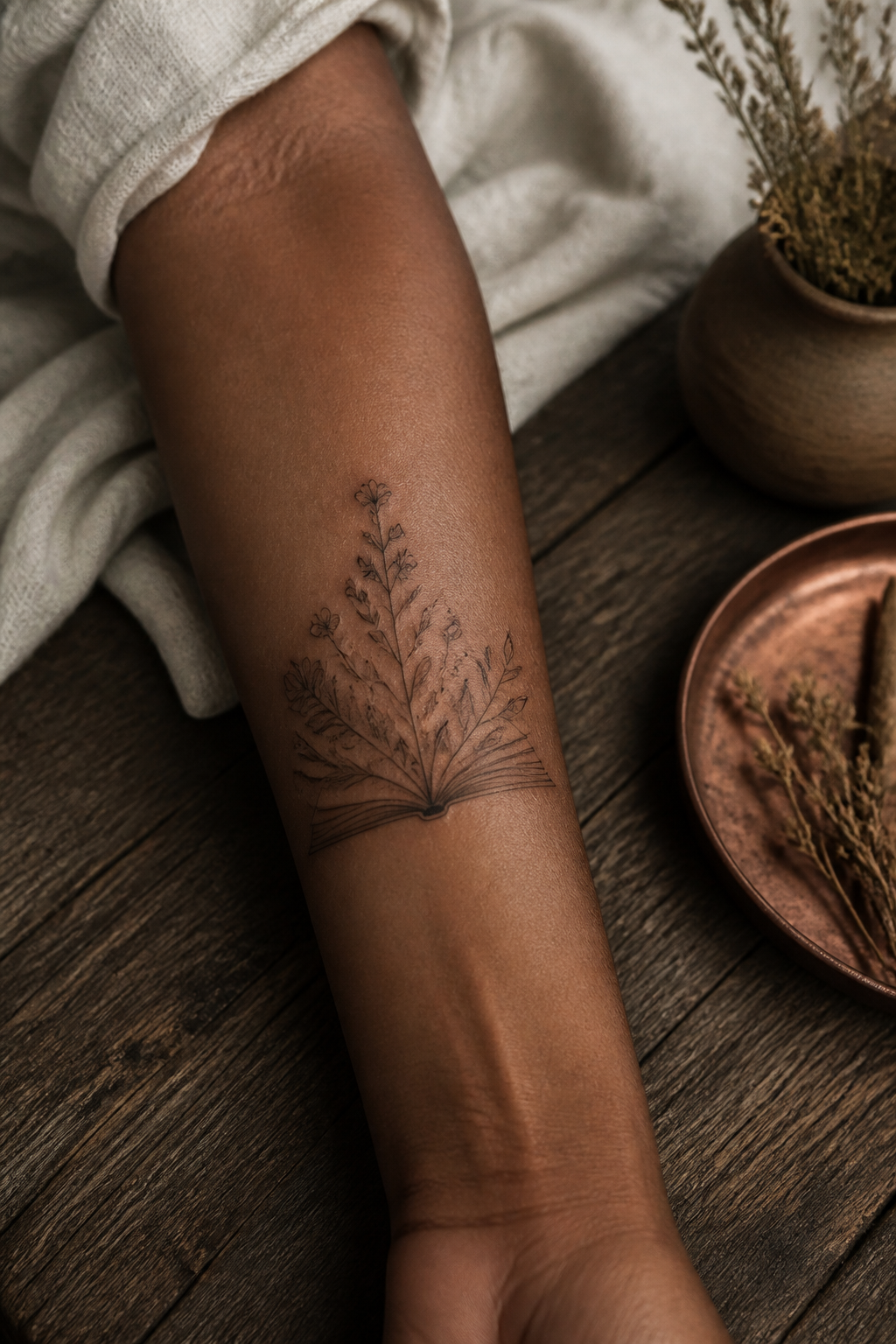 Fine-line open book and wildflower forearm tattoo