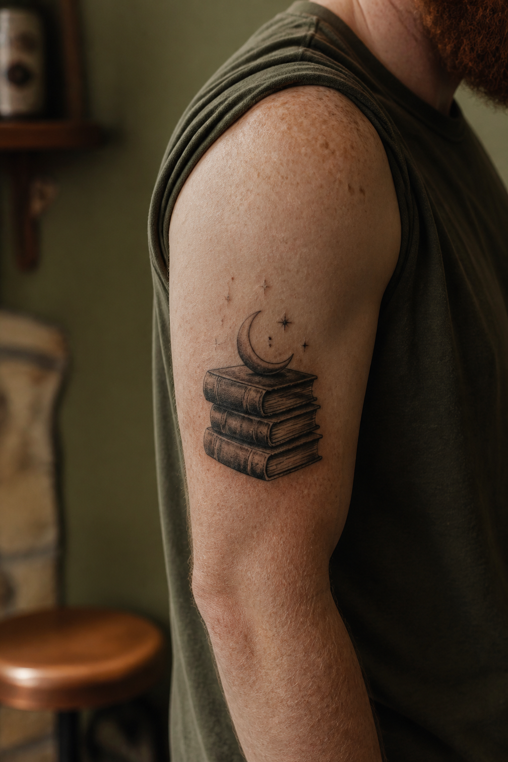 Stacked books and crescent moon upper-arm tattoo