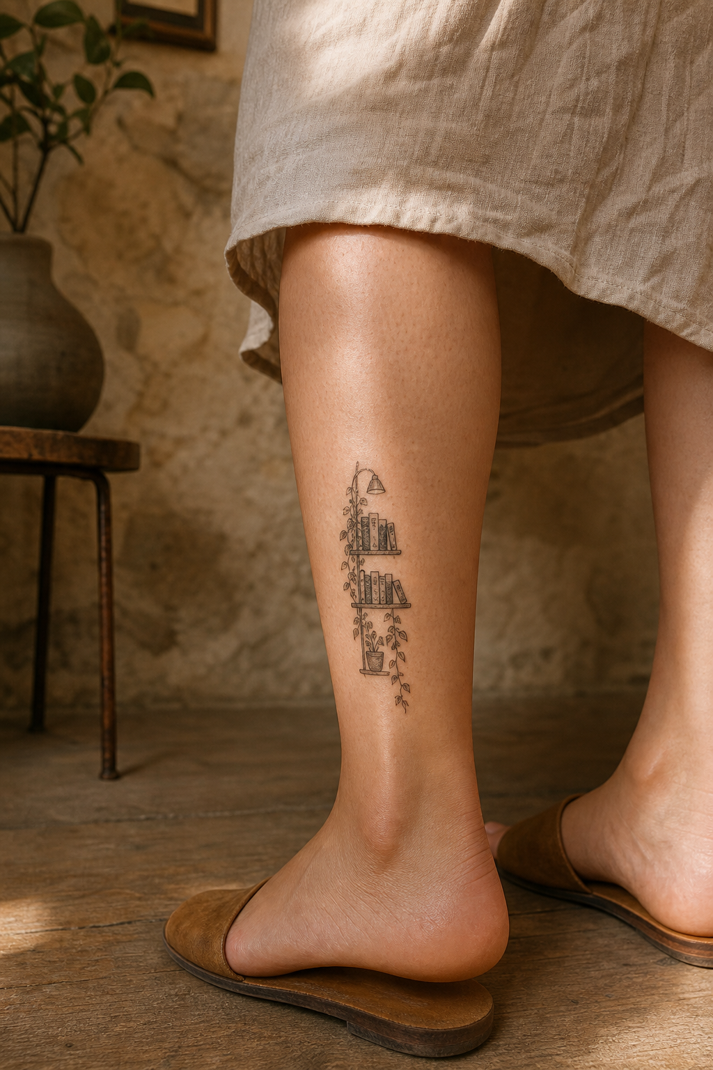 Tiny bookshelf and trailing vine calf tattoo