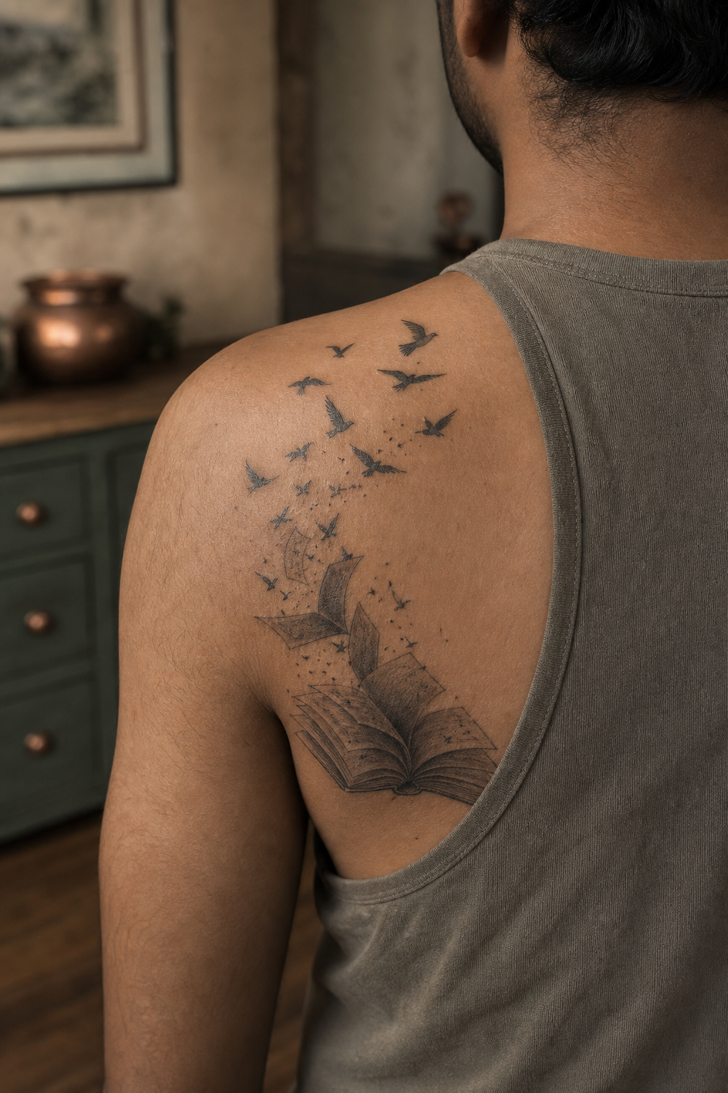 Open book with pages turning into birds shoulder tattoo