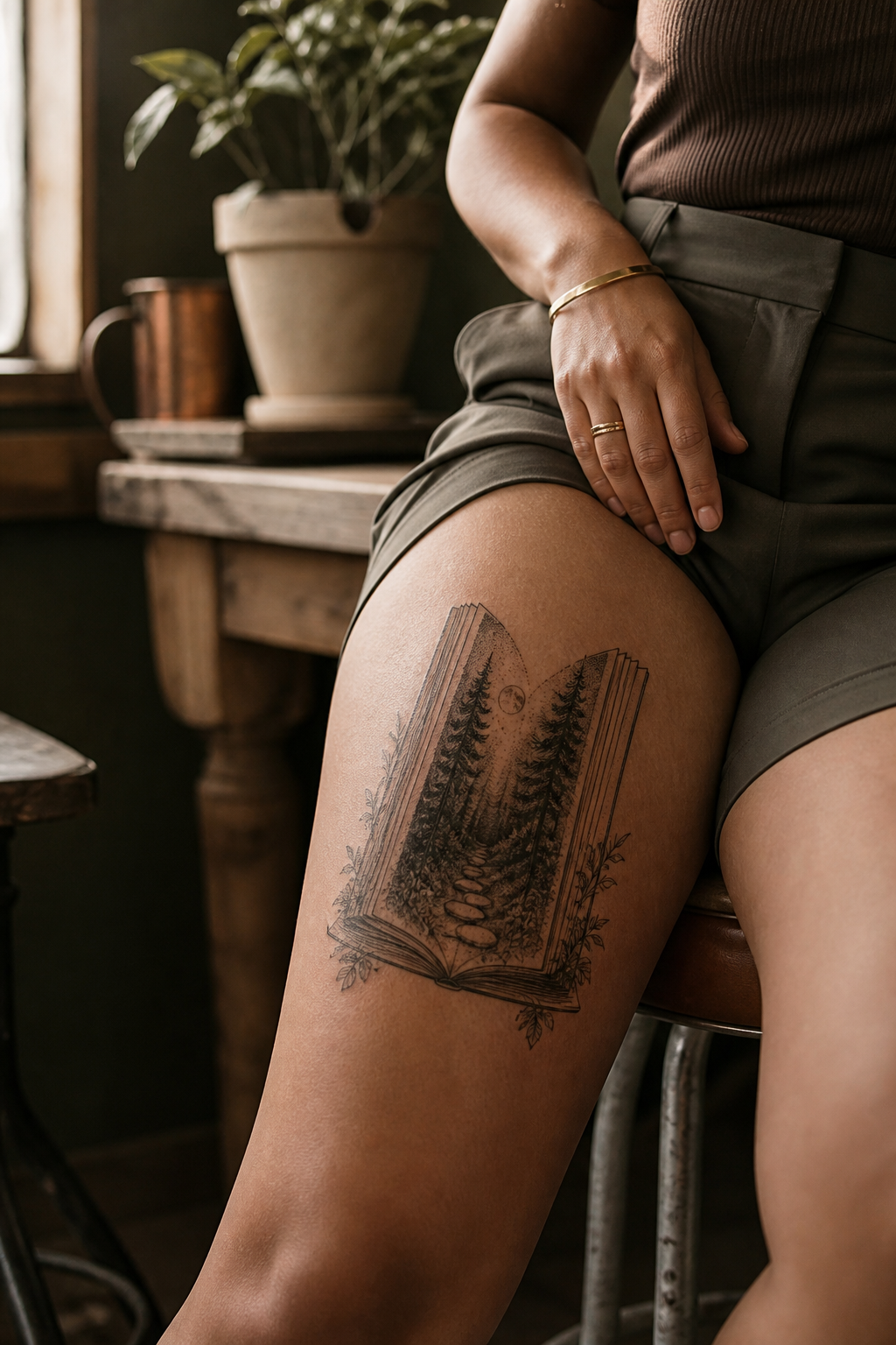 Open book forest portal thigh tattoo