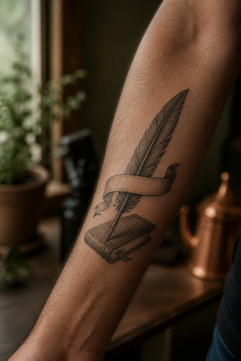 Quill ribbon and closed book forearm tattoo