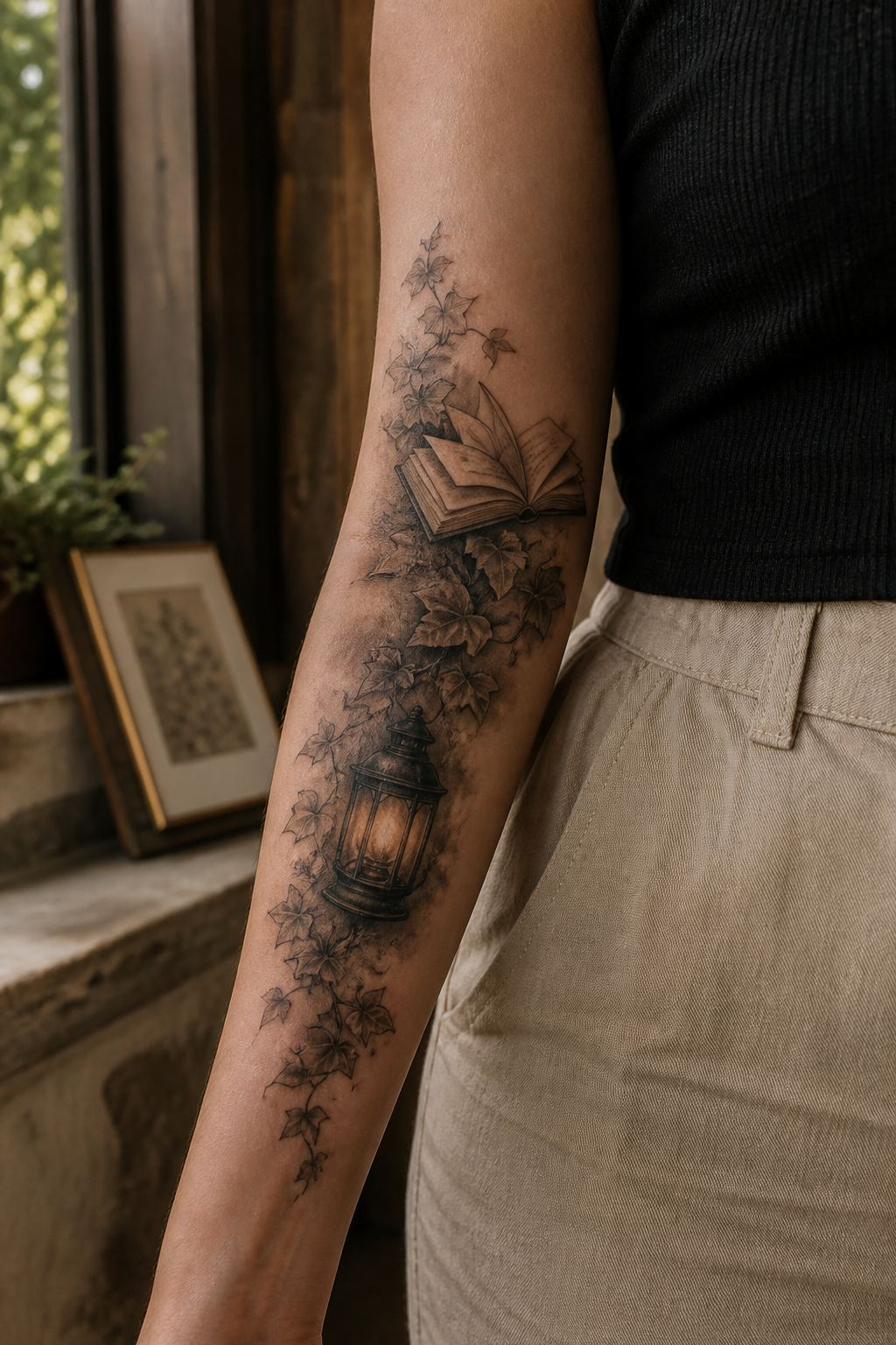 Lantern open book and ivy outer-forearm tattoo