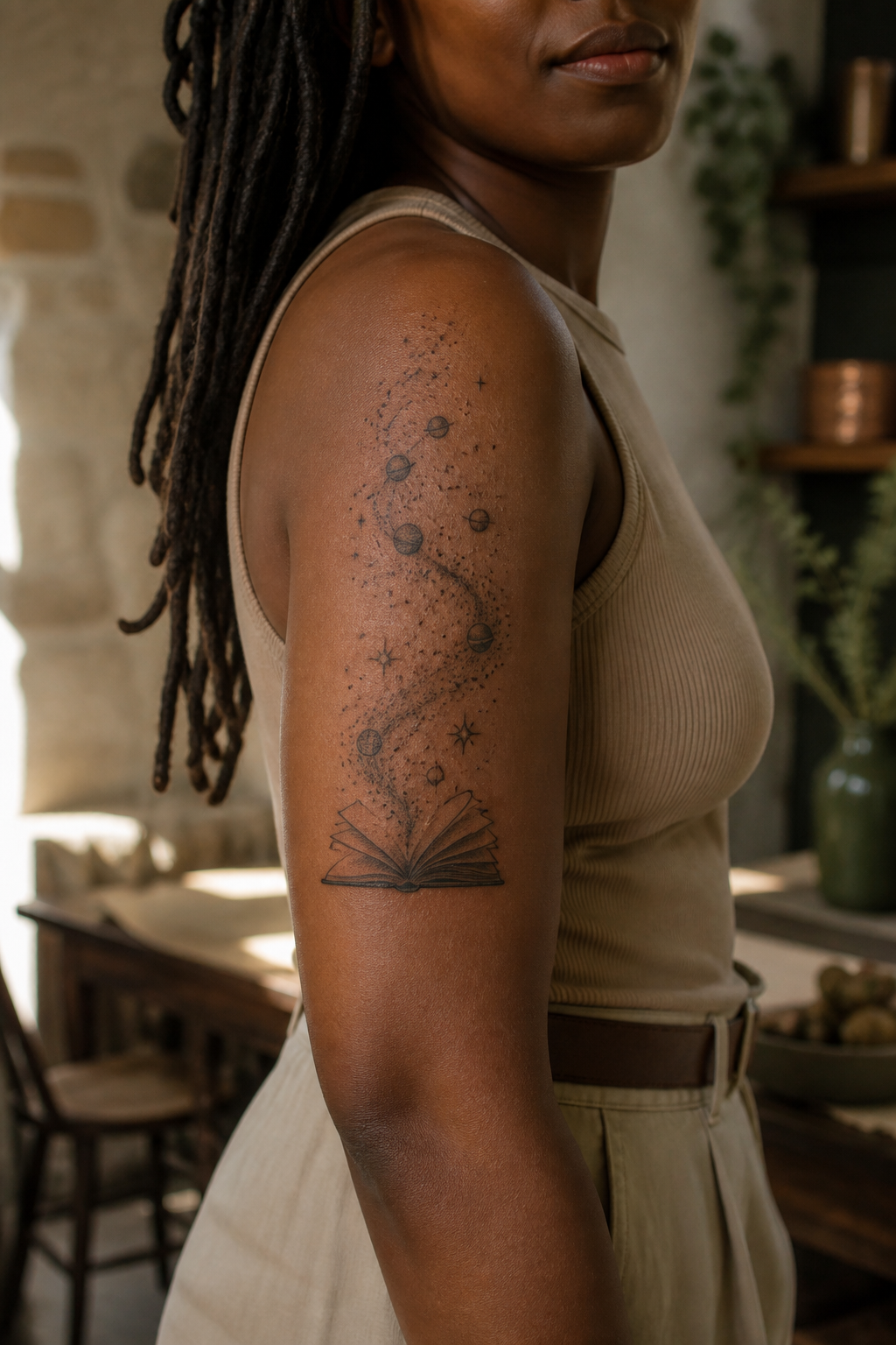 Starry Pages tattoo shown from a distinct editorial angle
