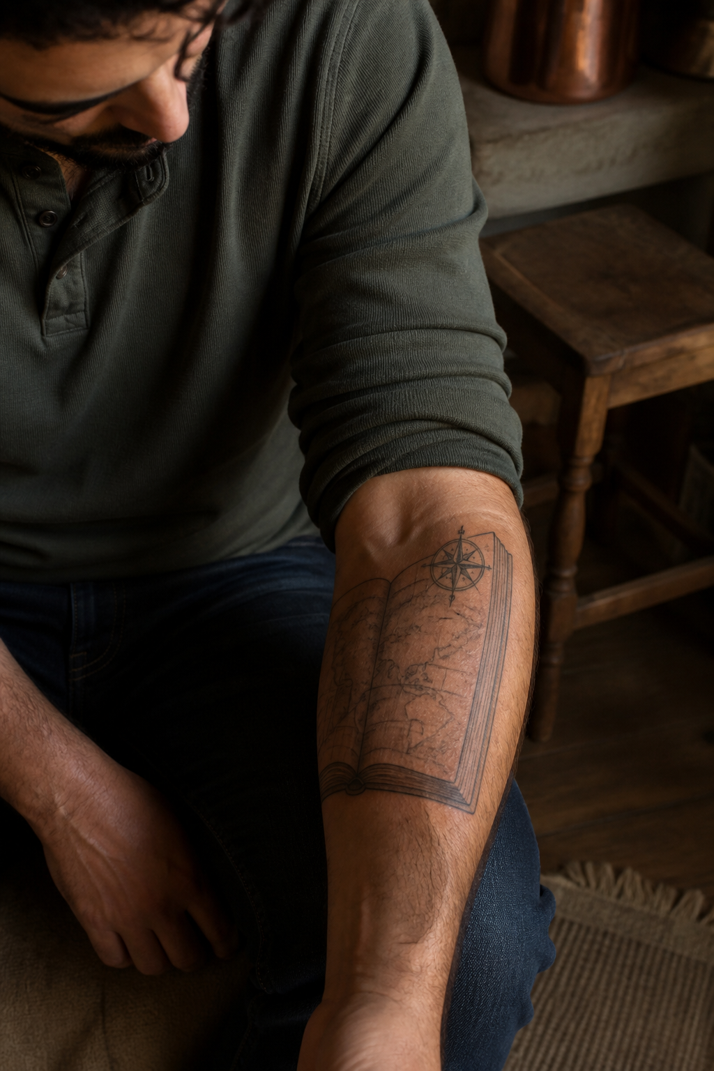 Compass Atlas tattoo shown from a distinct editorial angle