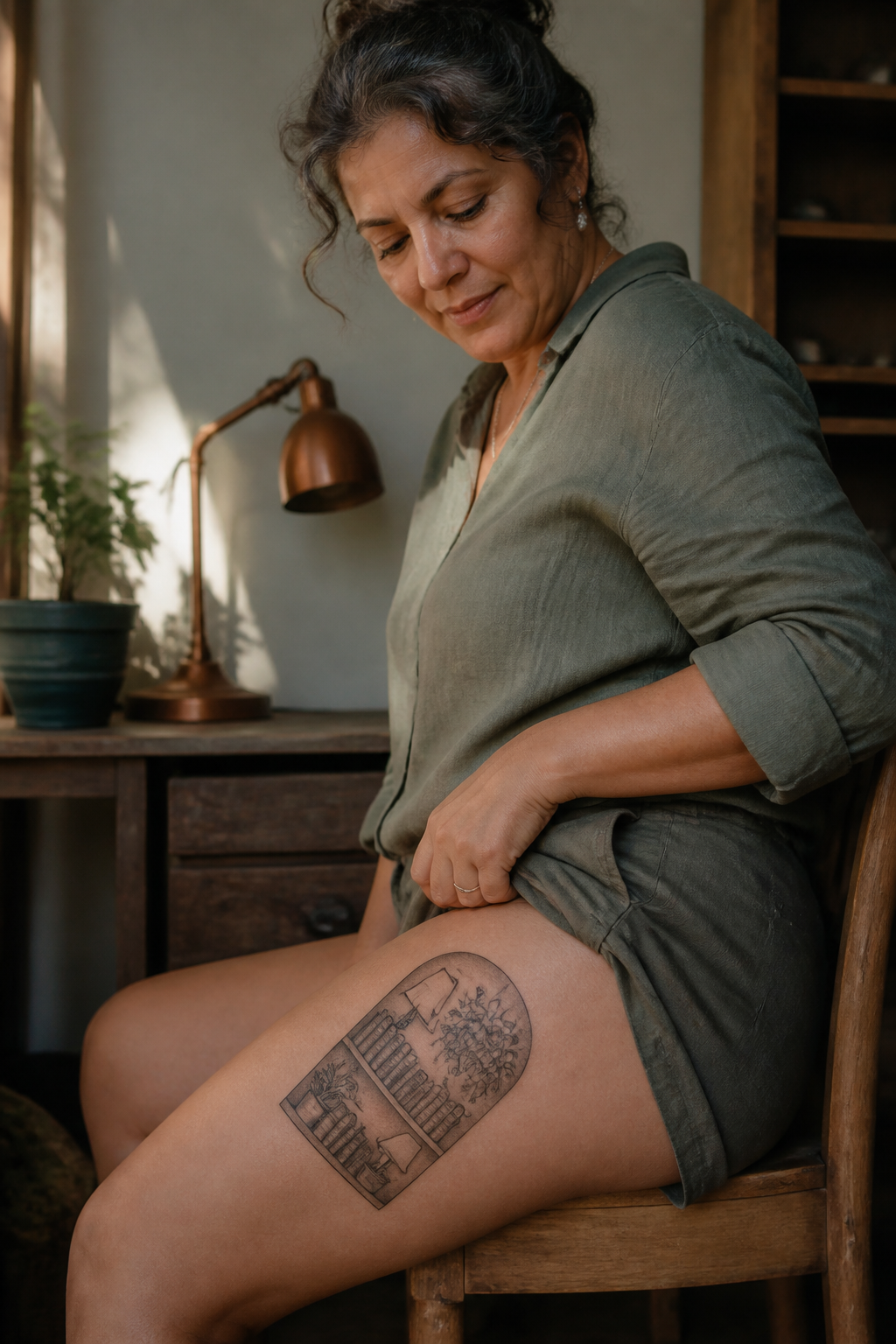 Bookshelf Arch tattoo shown from a distinct editorial angle