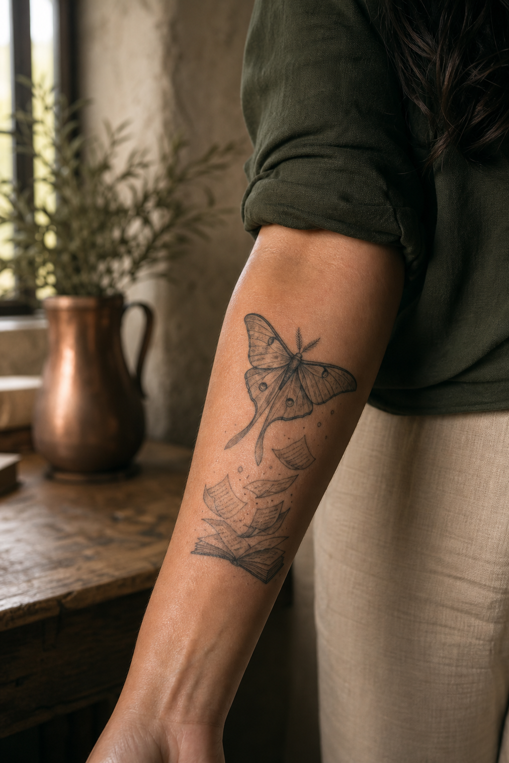 Moth And Pages tattoo shown from a distinct editorial angle