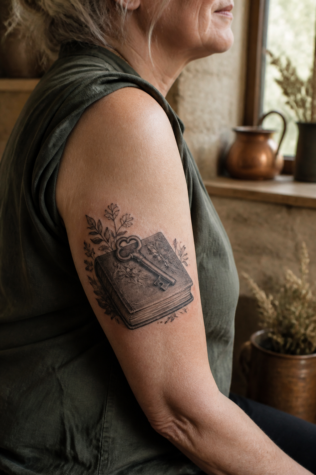Key And Book tattoo shown from a distinct editorial angle