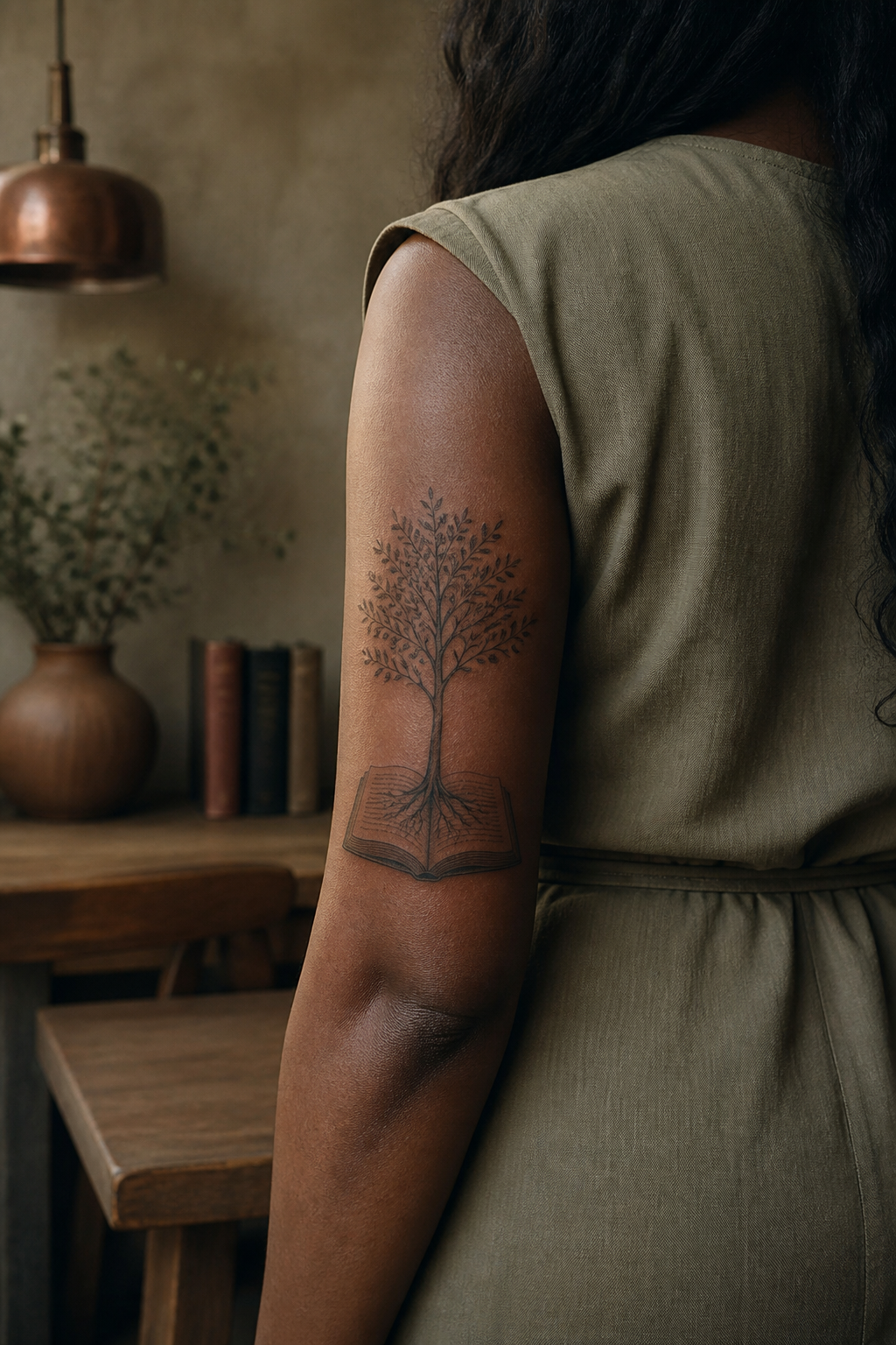 Rooted Story Tree tattoo shown from a distinct editorial angle