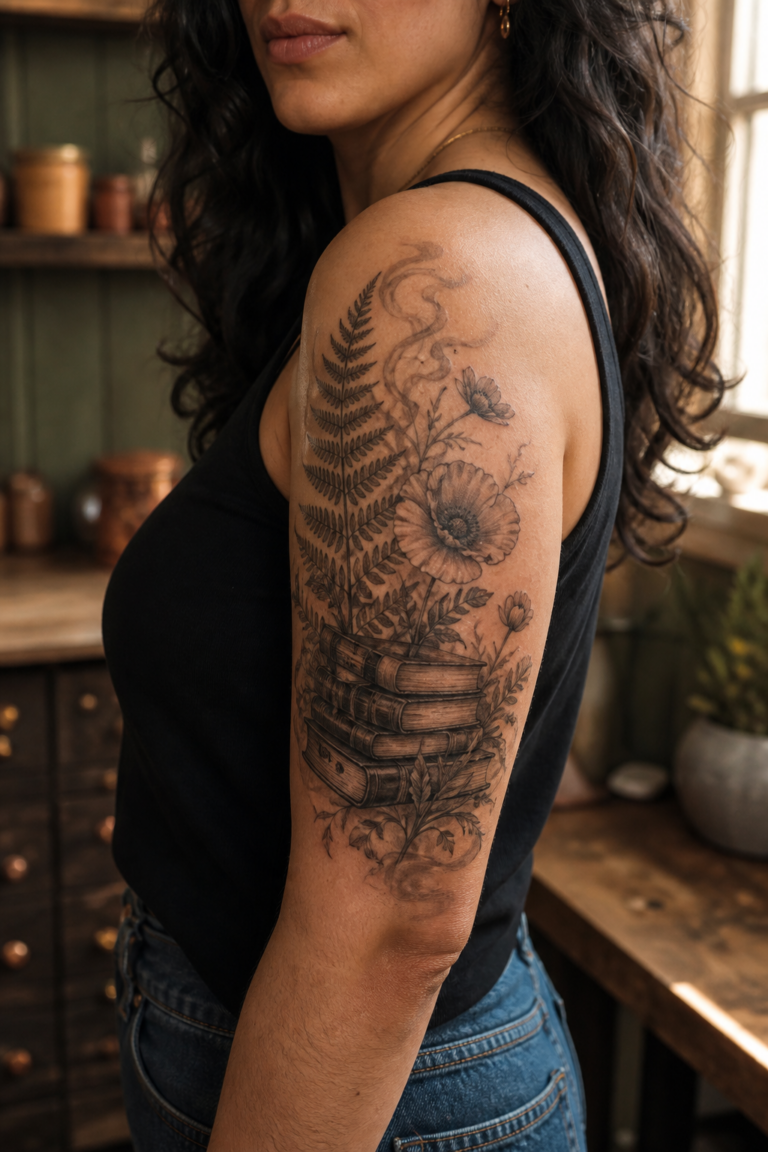 Botanical book stack tattoo on an upper arm