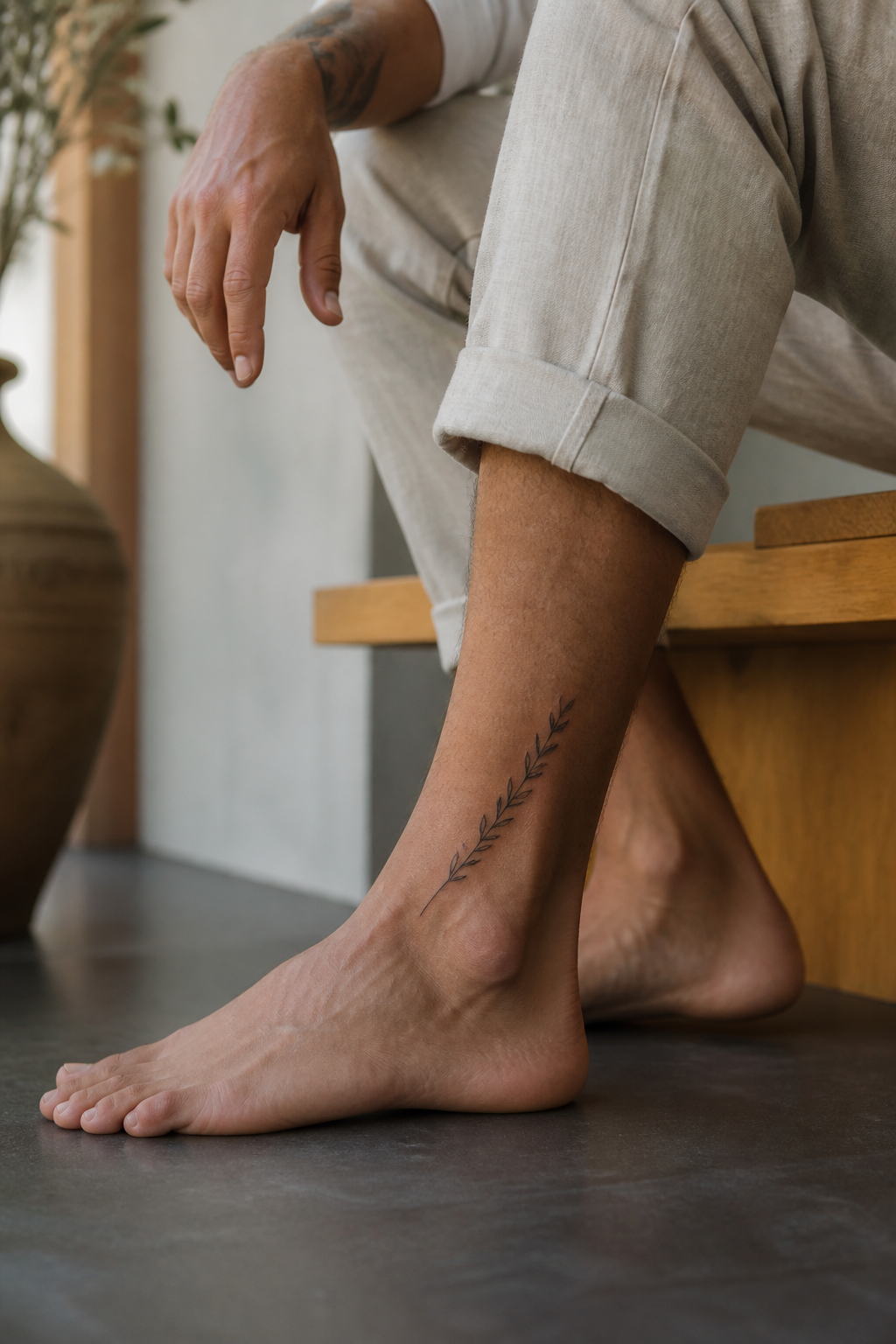 Fine-line olive branch outer-ankle tattoo