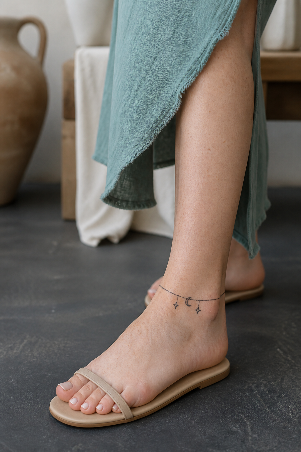 Crescent moon and star charm ankle tattoo
