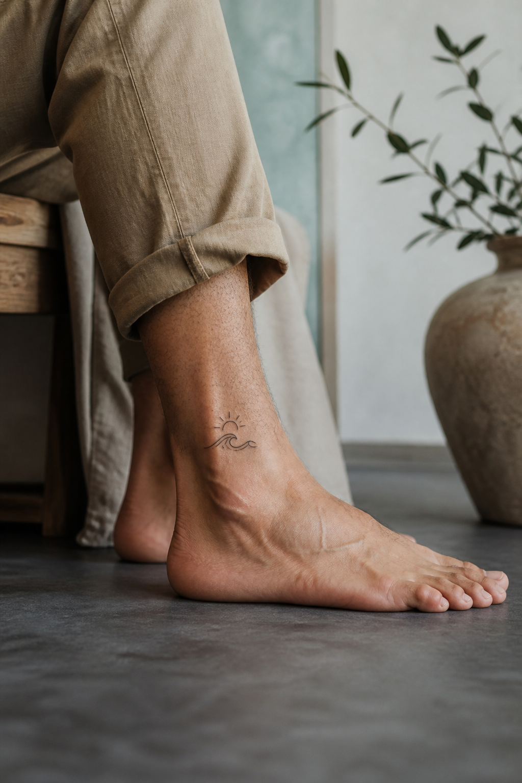 Tiny ocean wave and rising sun inner-ankle tattoo