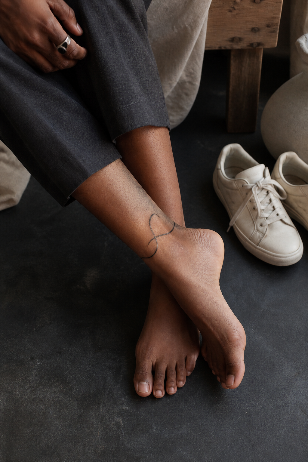 Continuous-line abstract ribbon ankle tattoo