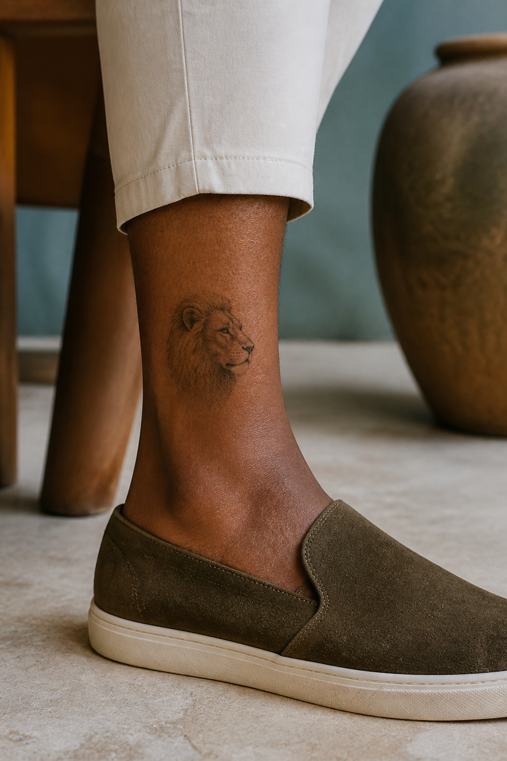 Lion Profile tattoo shown from a distinct editorial angle