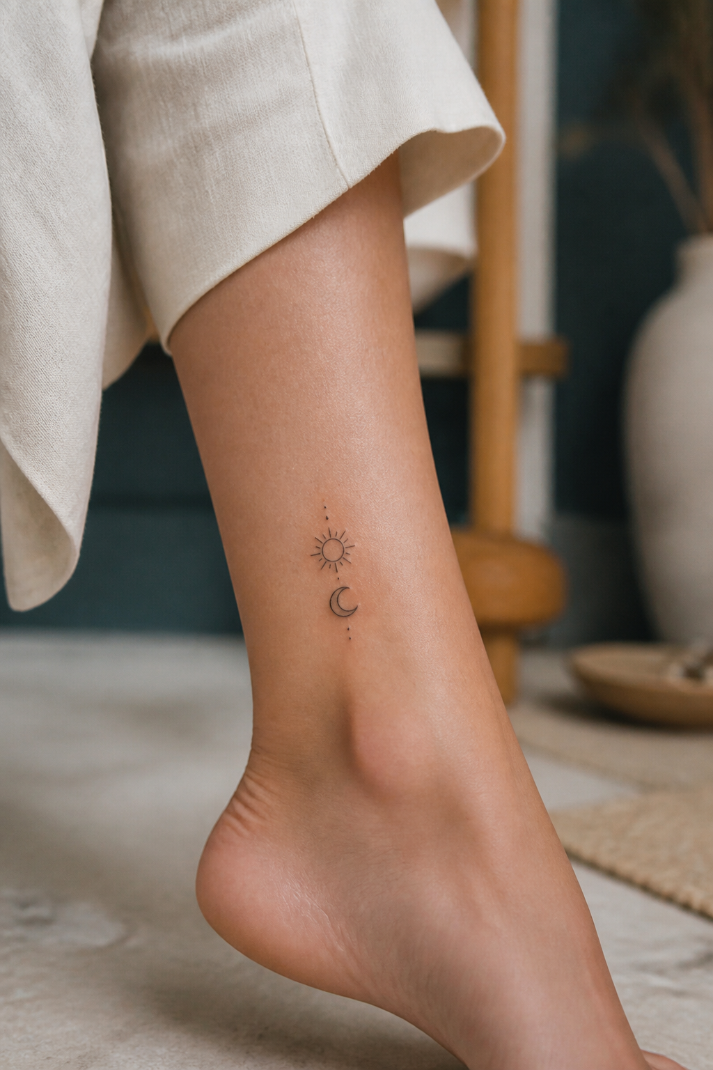 Sun Moon tattoo shown from a distinct editorial angle