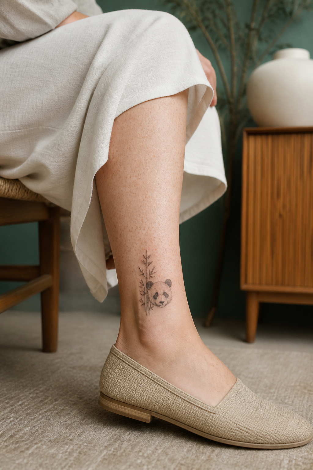 Panda Sprig tattoo shown from a distinct editorial angle