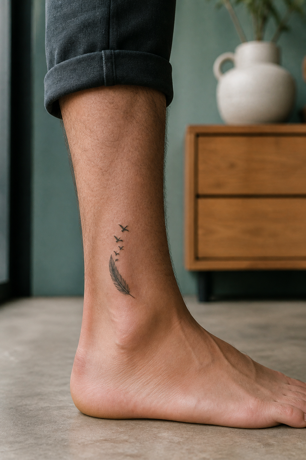 Feather Flight tattoo shown from a distinct editorial angle