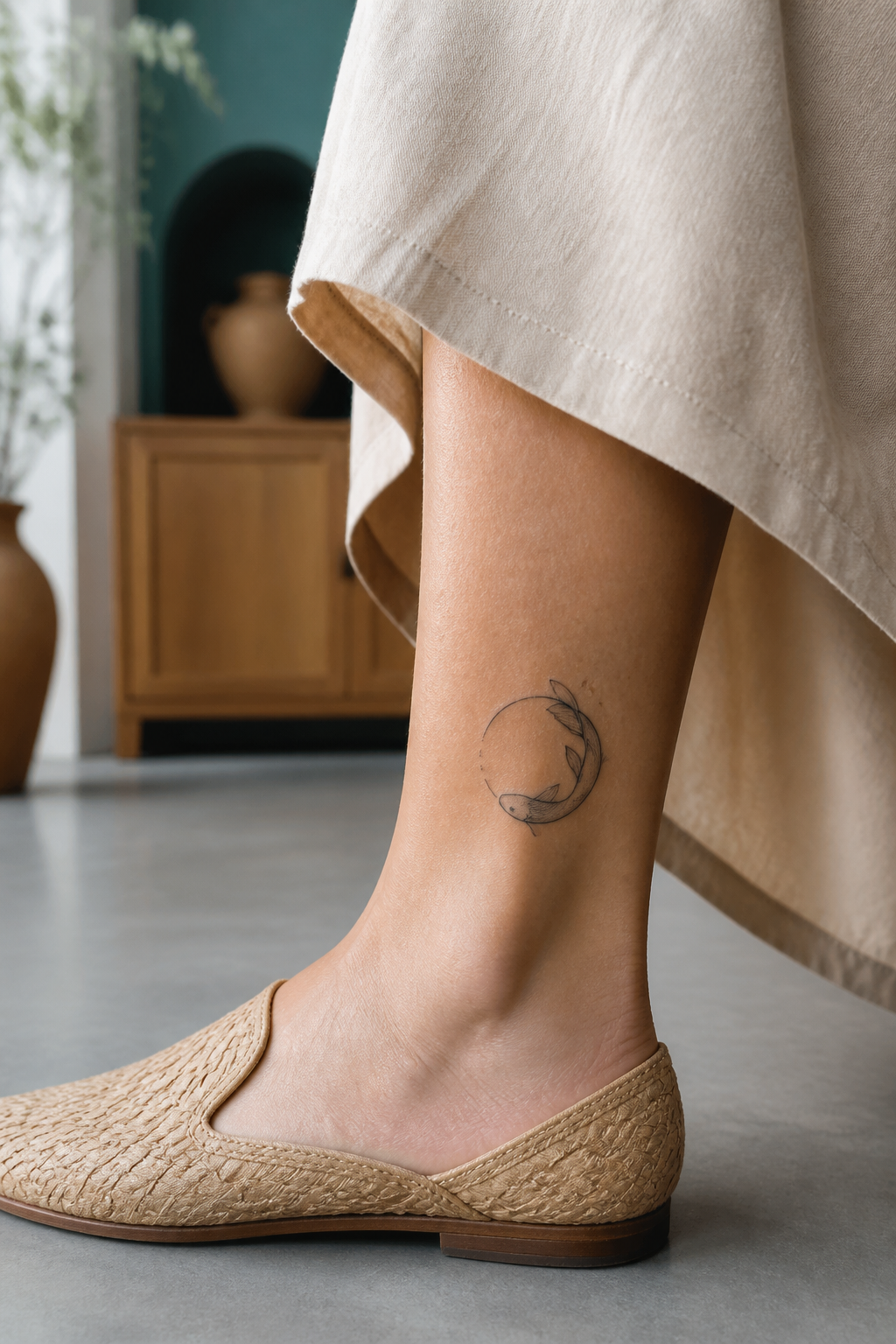 Koi Circle tattoo shown from a distinct editorial angle