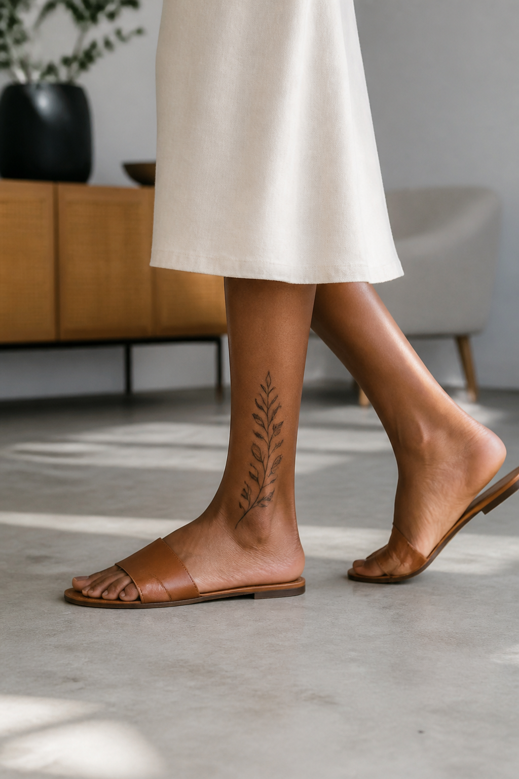 Leafy Vine tattoo shown from a distinct editorial angle