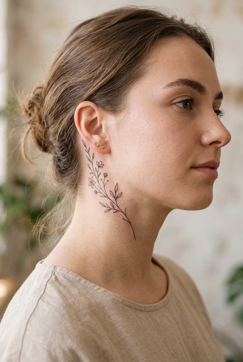 1. Side-Neck Botanical Vines - neck tattoos for women