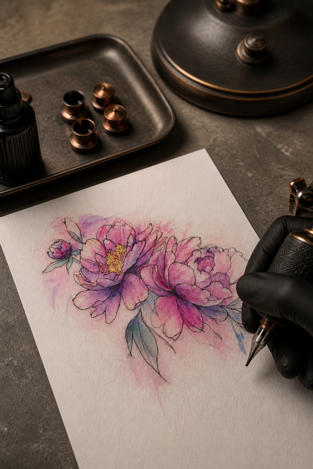 flower tattoo designs: watercolor peonies in an original editorial composition