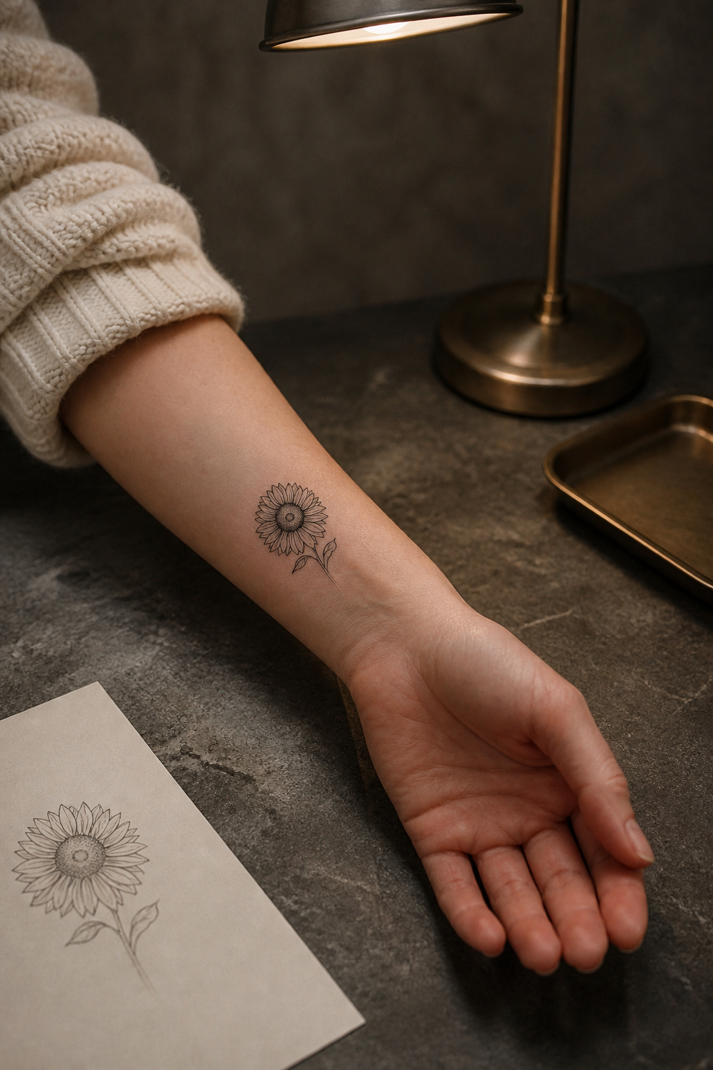 flower tattoo designs: minimal sunflower outline in an original editorial composition