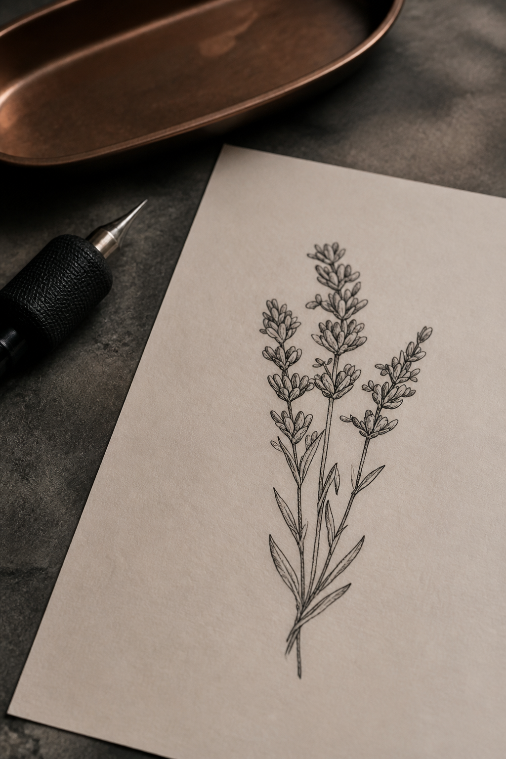 flower tattoo designs: botanical lavender sprig in an original editorial composition