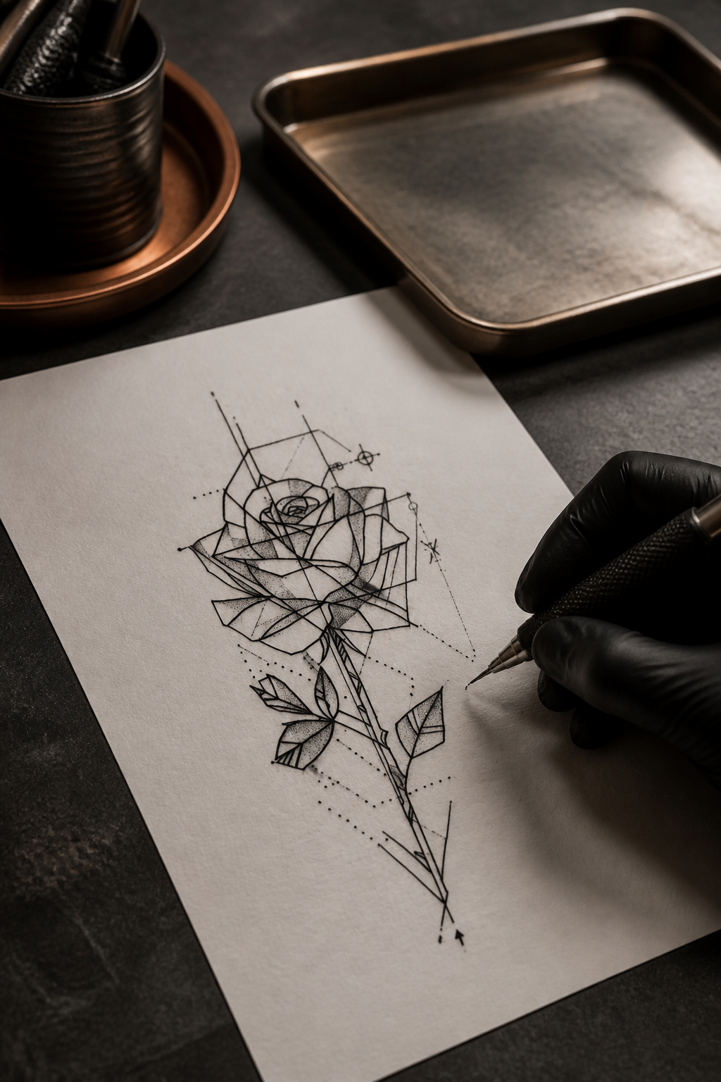 flower tattoo designs: geometric rose in an original editorial composition
