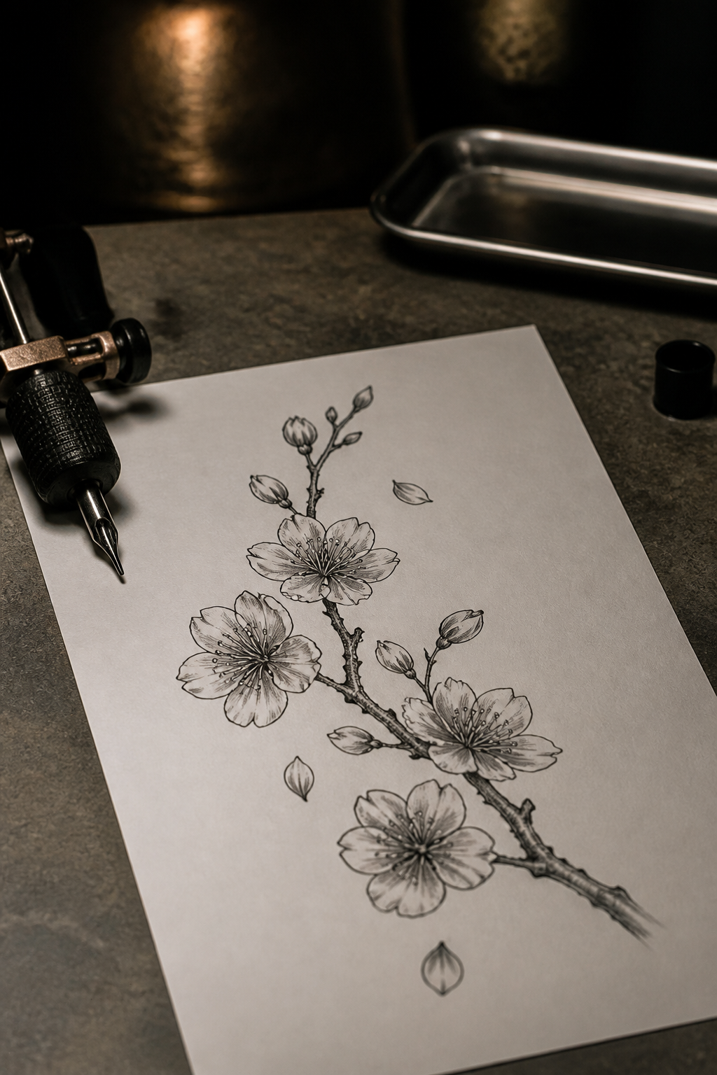 flower tattoo designs: traditional cherry blossom branch in an original editorial composition