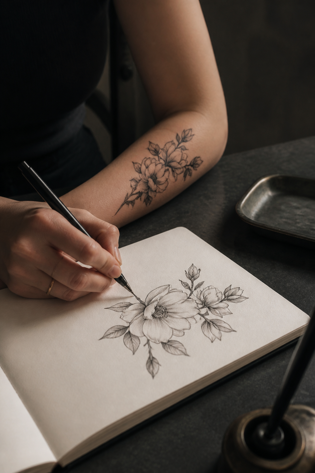 flower tattoo designs: tiny wildflower cluster in an original editorial composition