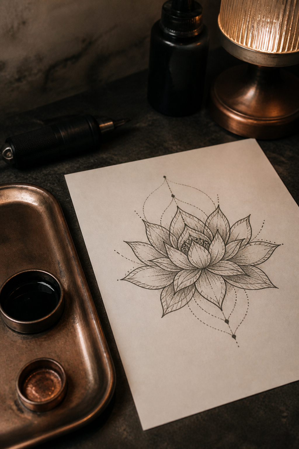 flower tattoo designs: lotus mandala in an original editorial composition