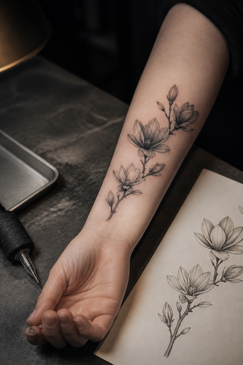 flower tattoo designs: black-and-gray magnolia in an original editorial composition