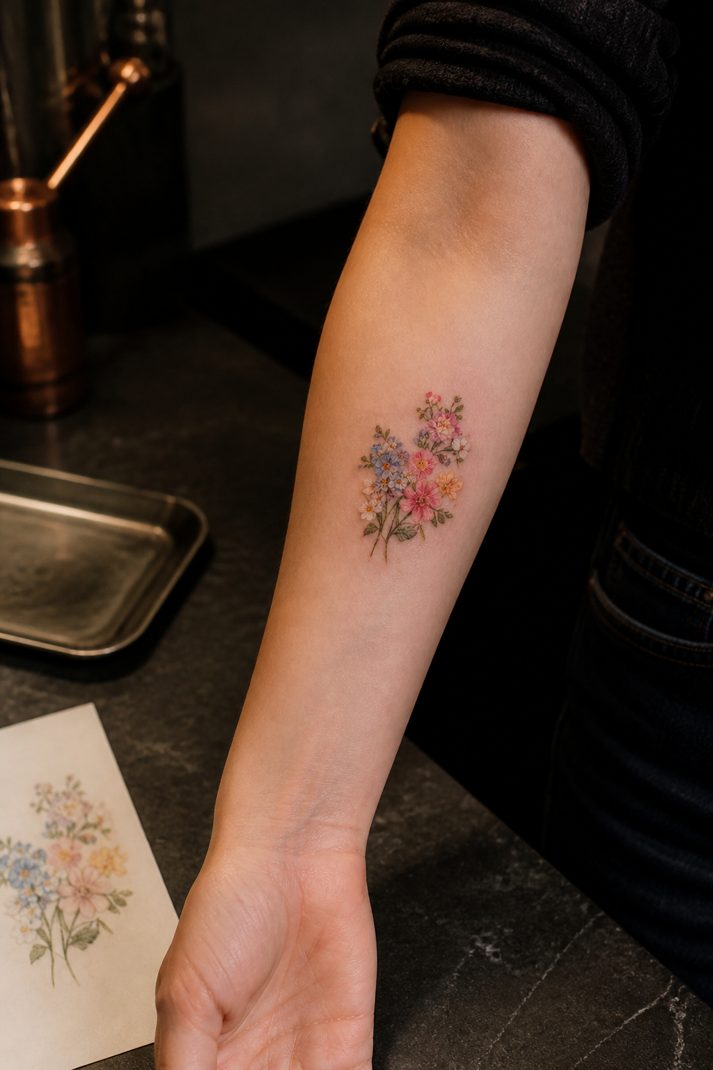 flower tattoo designs: colorful floral sleeve in an original editorial composition