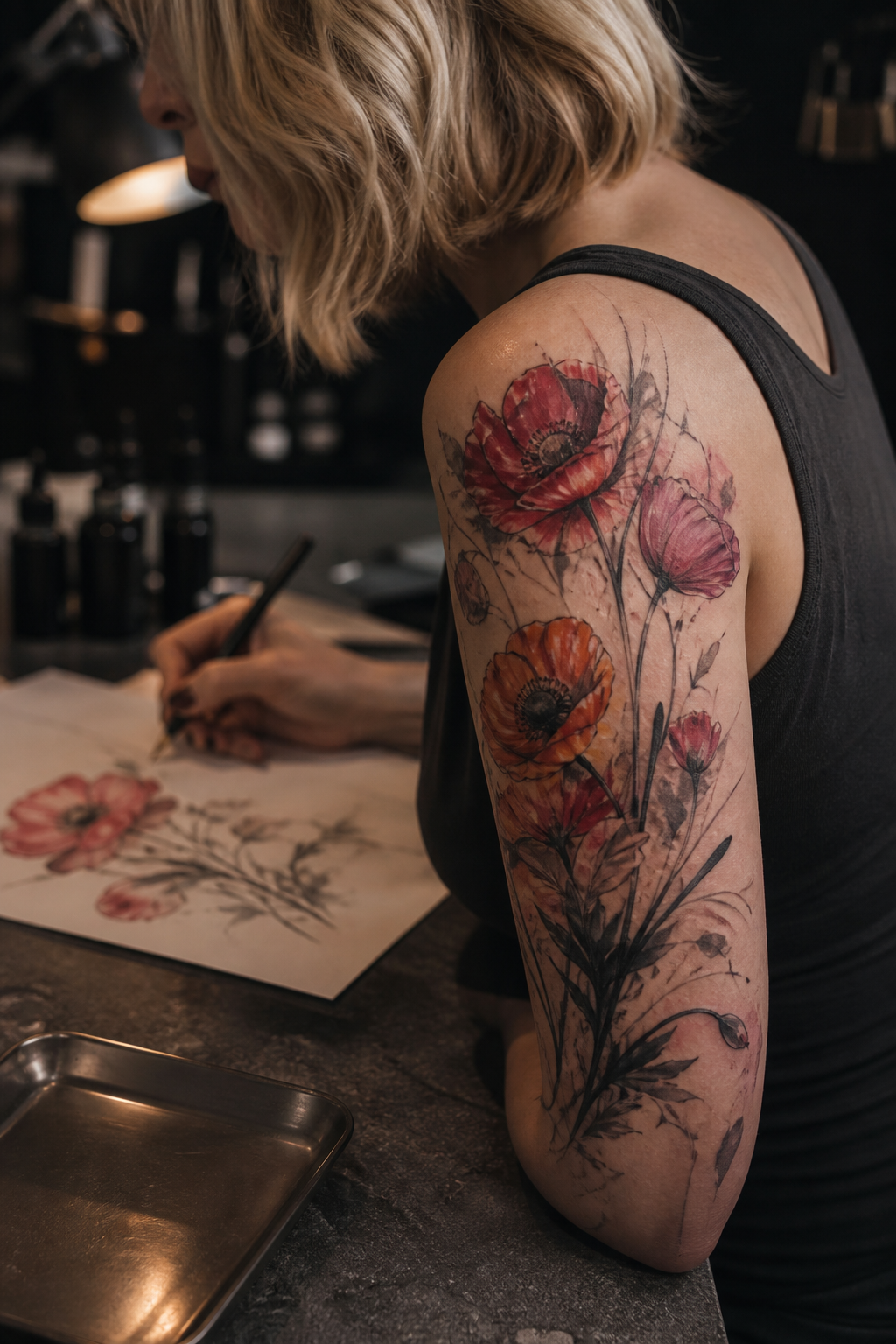 flower tattoo designs: abstract poppy in an original editorial composition