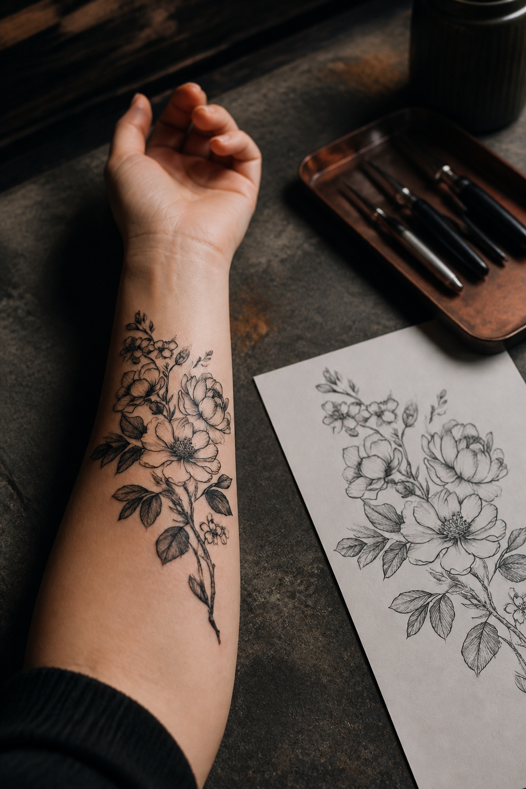 flower tattoo designs: flower symbolism in an original editorial composition
