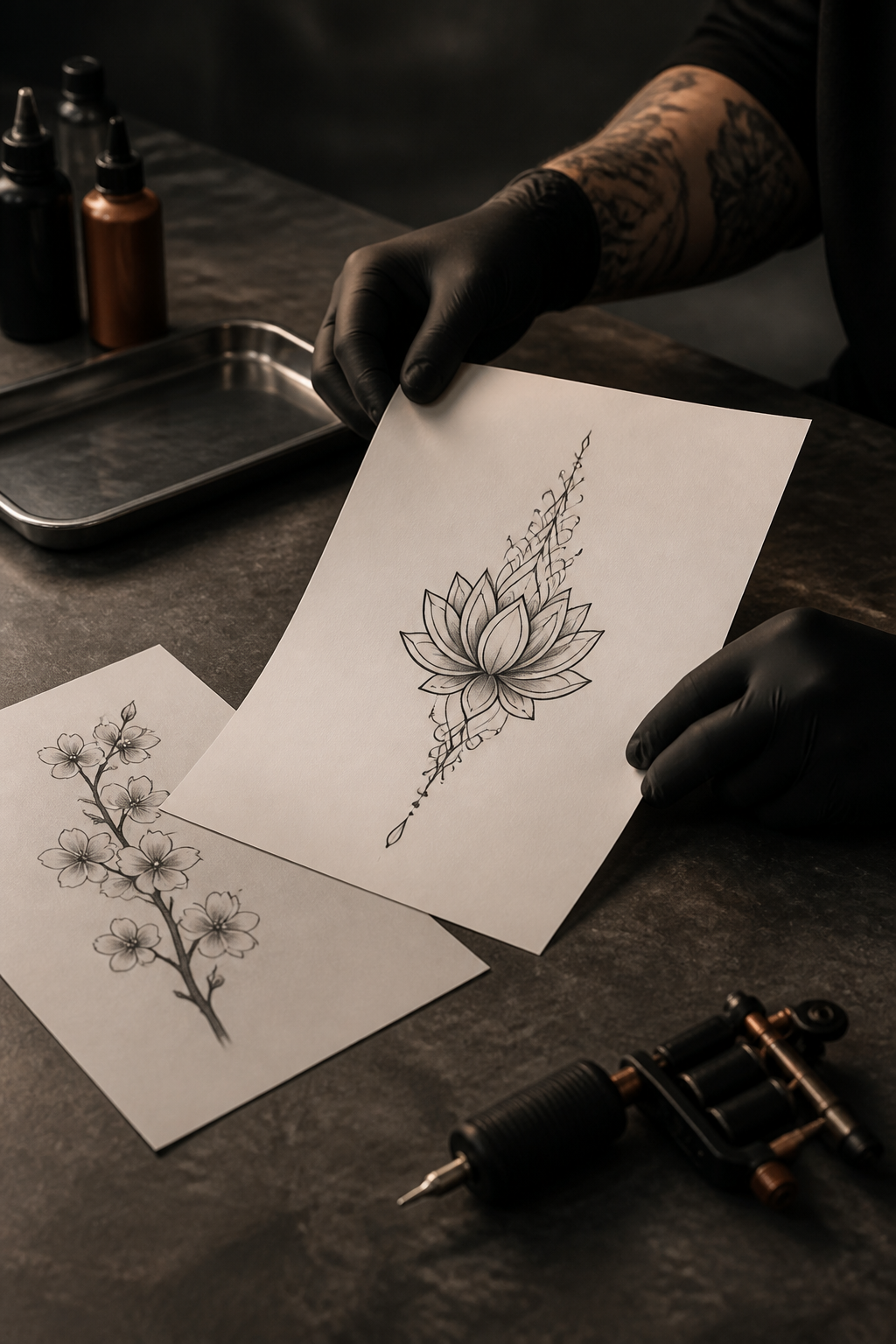flower tattoo designs: lotus and cherry blossom in an original editorial composition