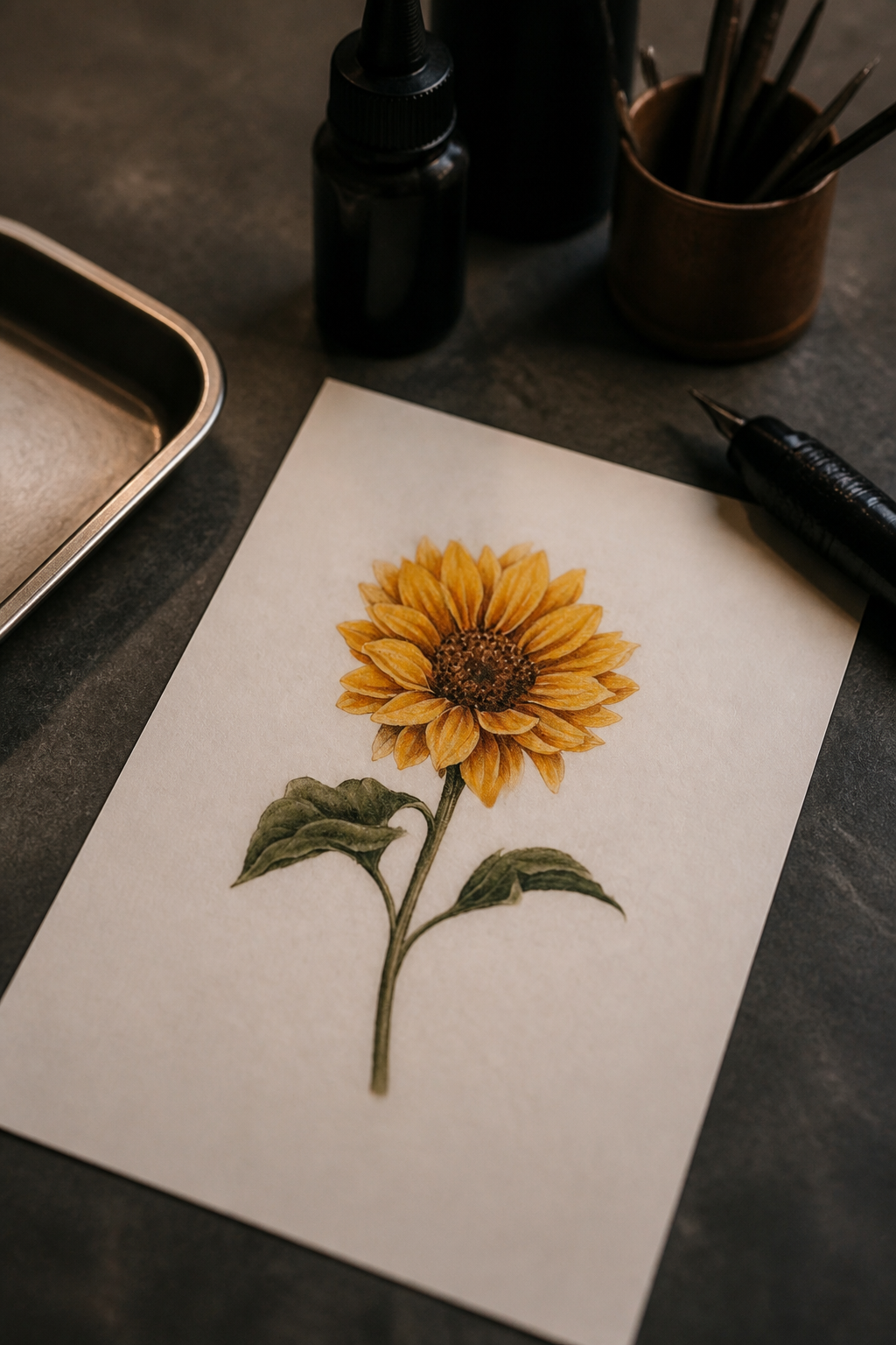 flower tattoo designs: realistic sunflower in an original editorial composition