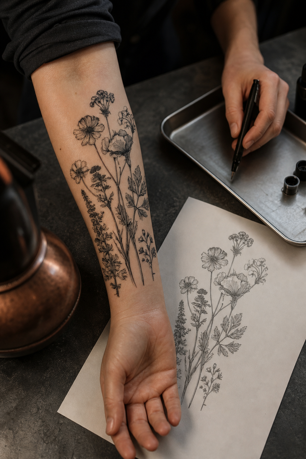 flower tattoo designs: scientific botanical study in an original editorial composition