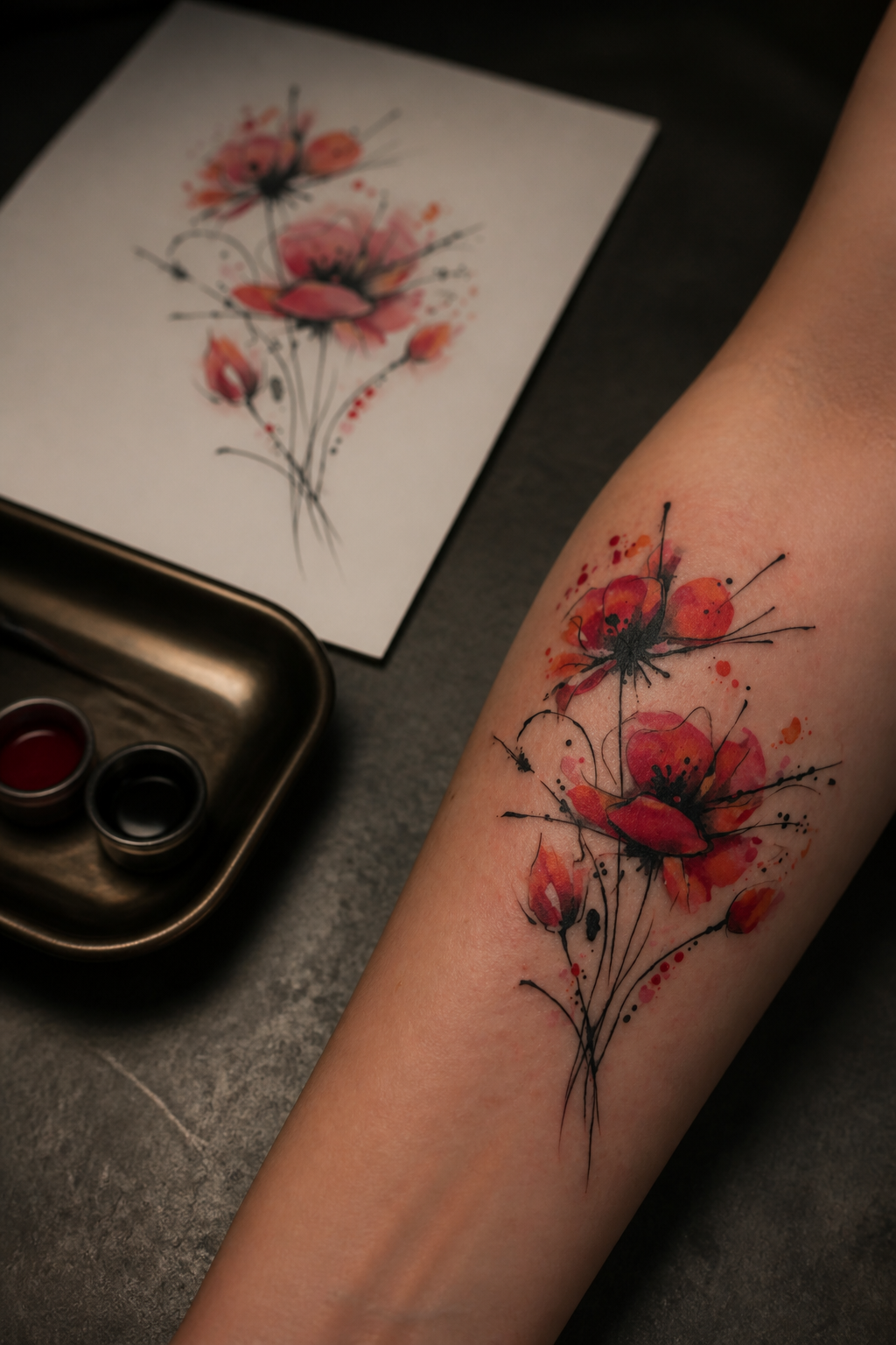 flower tattoo designs: watercolor technique in an original editorial composition