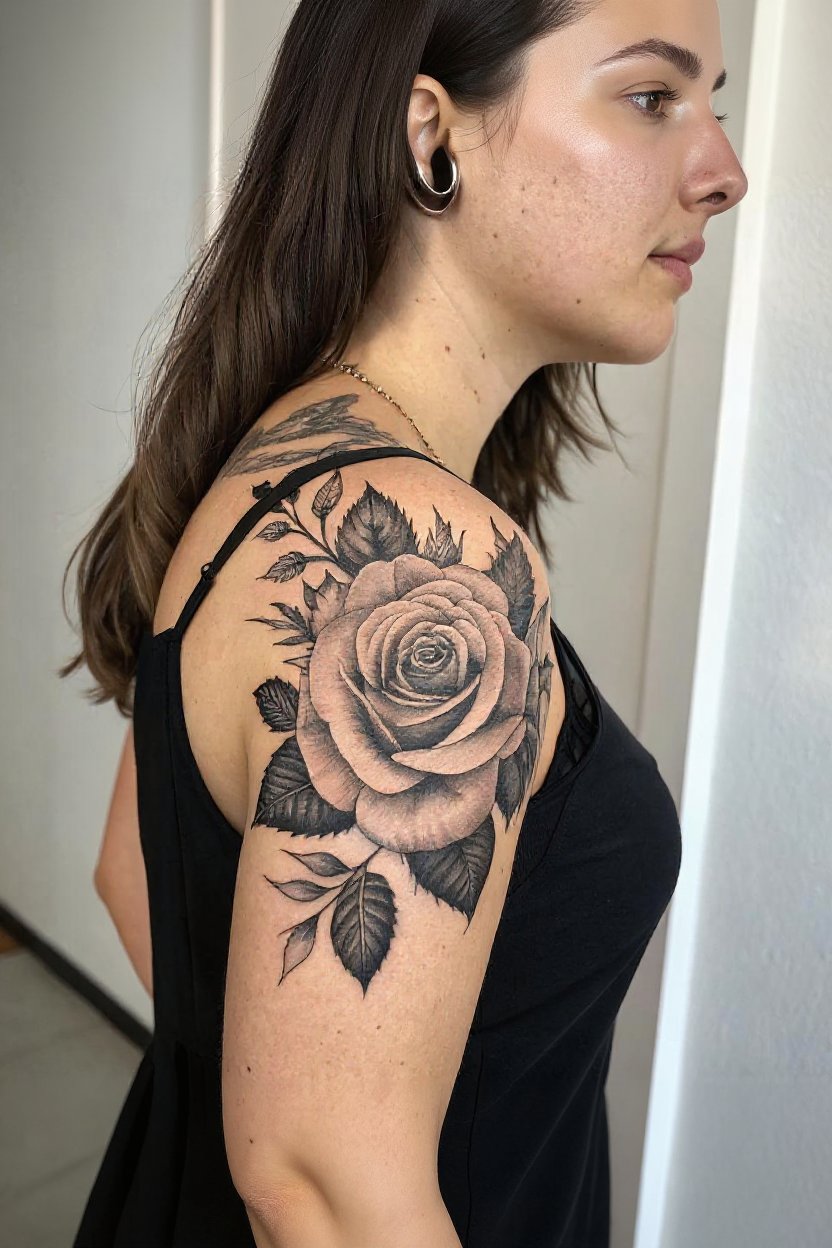 1. Classic Realism Black-and-Gray Rose Sleeve - half sleeve tattoos for women