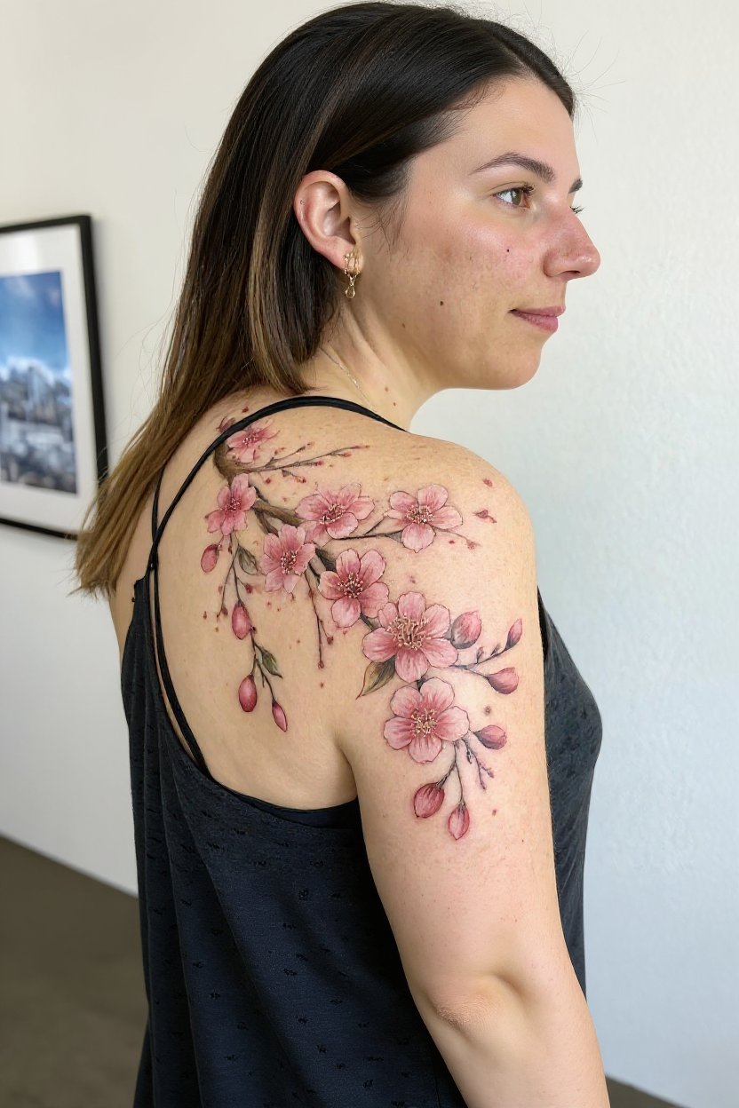 2. Elegant Japanese Cherry Blossom Flow - half sleeve tattoos for women