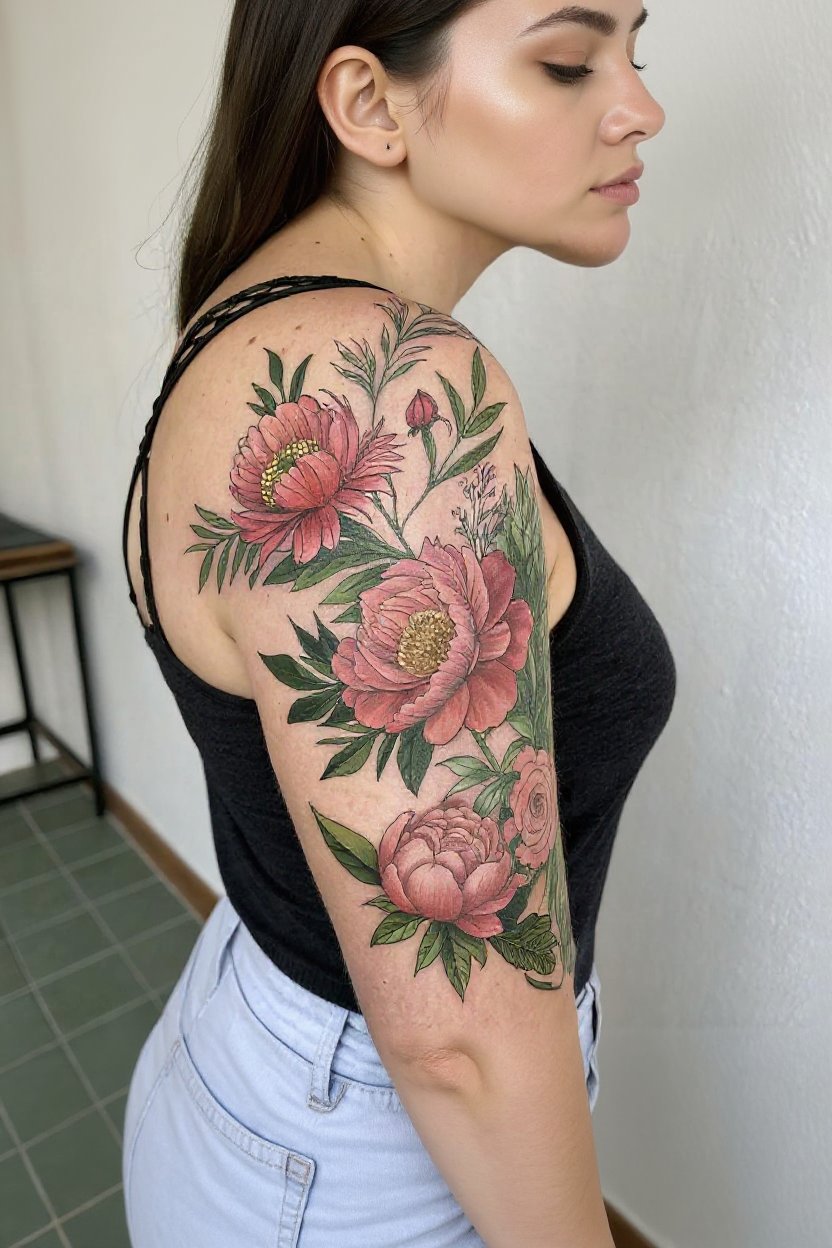 3. Lush Botanical Peony & Foliage Arrangement - half sleeve tattoos for women