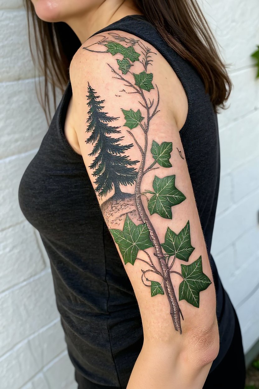 4. Flowing Vine and Forest Tree Silhouettes - half sleeve tattoos for women