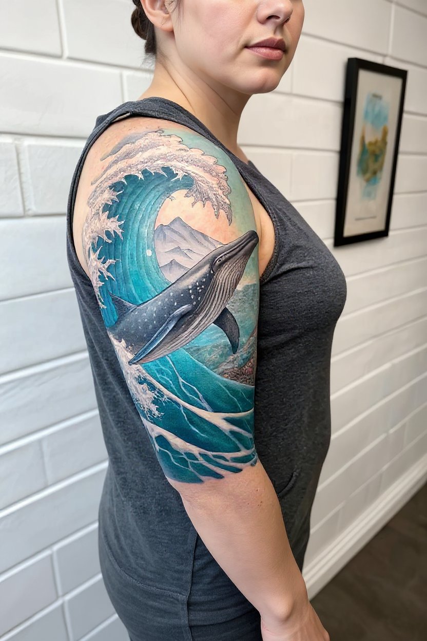7. Fluid Marine Life & Ocean Wave Sleeve - half sleeve tattoos for women