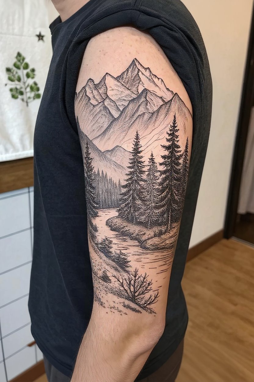 9. Mountain Landscapes & Pine Forest Scenery - half sleeve tattoos for women