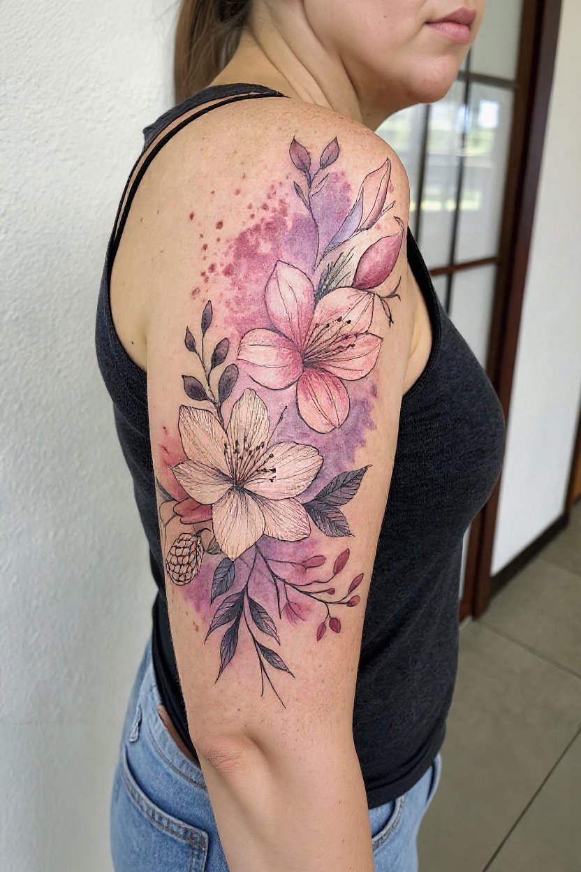 10. Watercolor Splash Neo-Traditional Florals - half sleeve tattoos for women