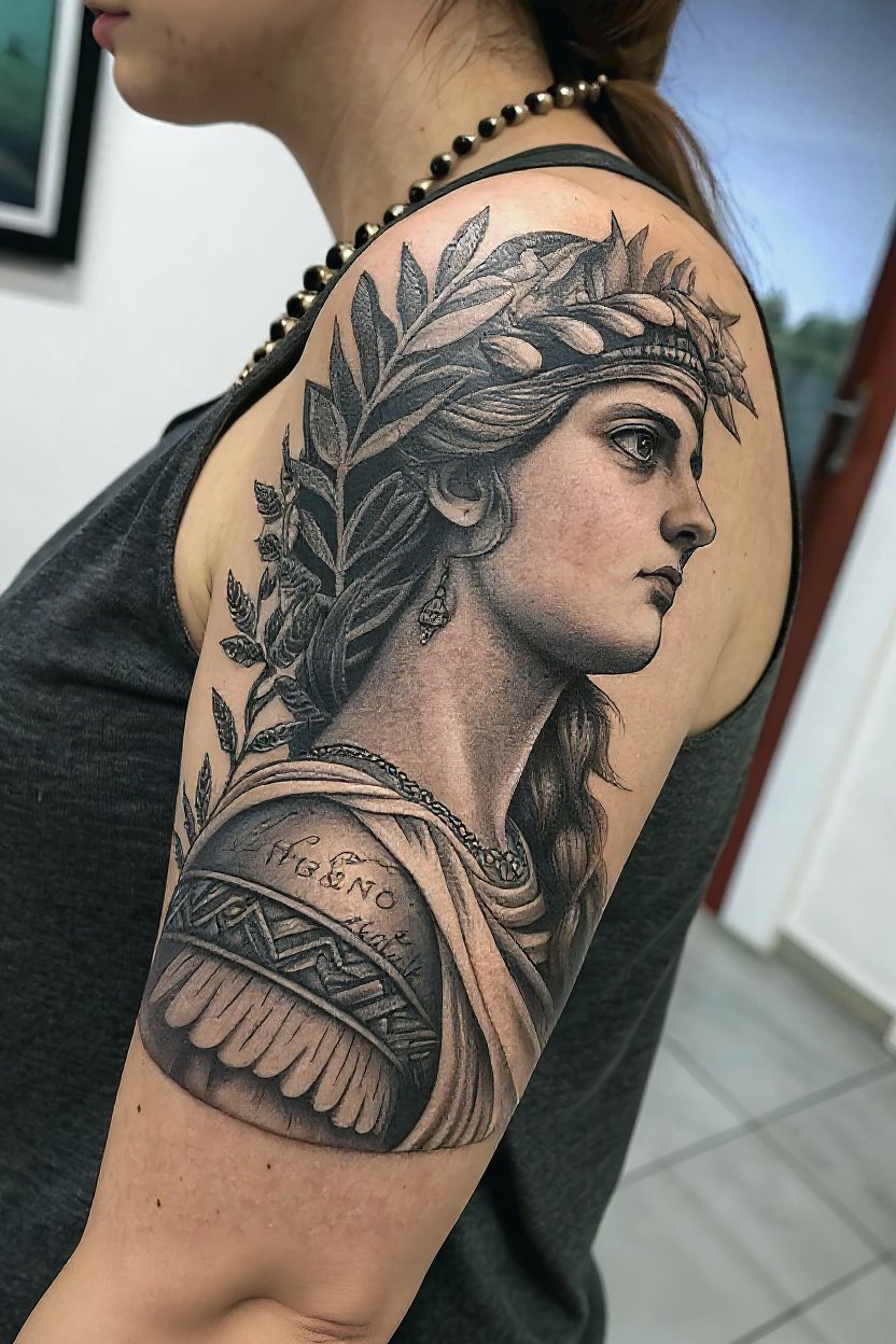 14. Empowering Female Warrior & Mythological Motifs - half sleeve tattoos for women