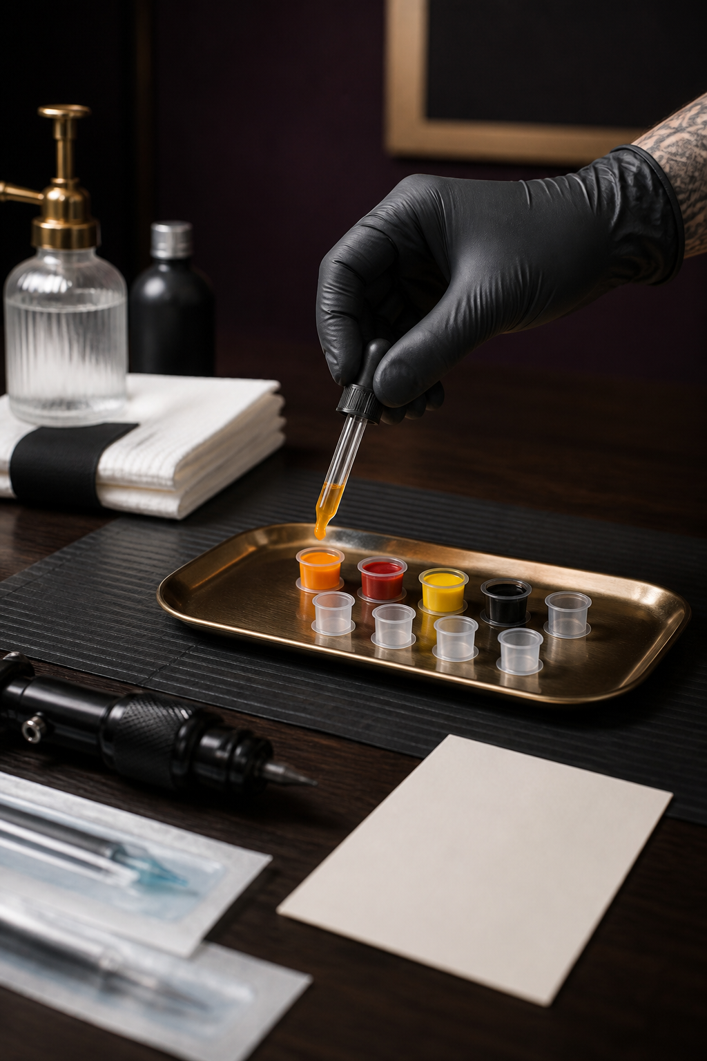 mix tattoo ink colors with clean caps and sterile measuring tools