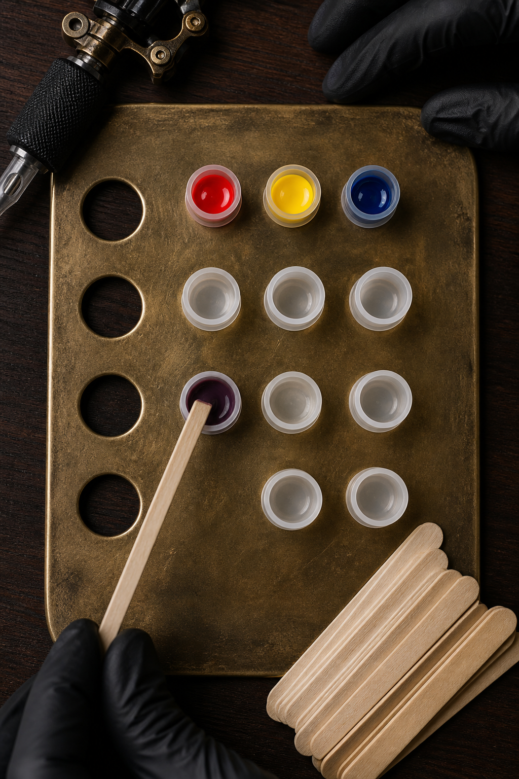 custom tattoo ink color mixing with primary pigments in measured drops